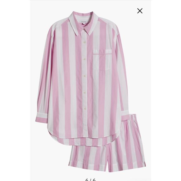 New Nordstrom Oversize Stripe Cotton Short Pajamas Pink Lavender Cabana Stripe L - Picture 1 of 8